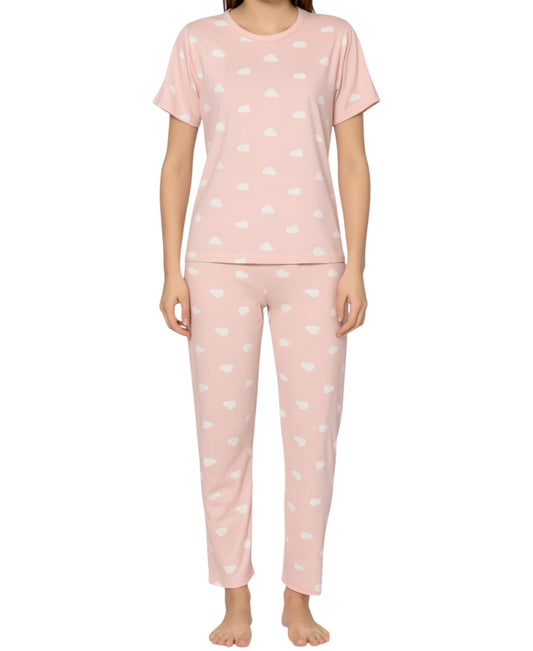 Pyjama Damen Zweiteiler mit Herzmuster – Kurzarmshirt & lange Hose, 3 Varianten