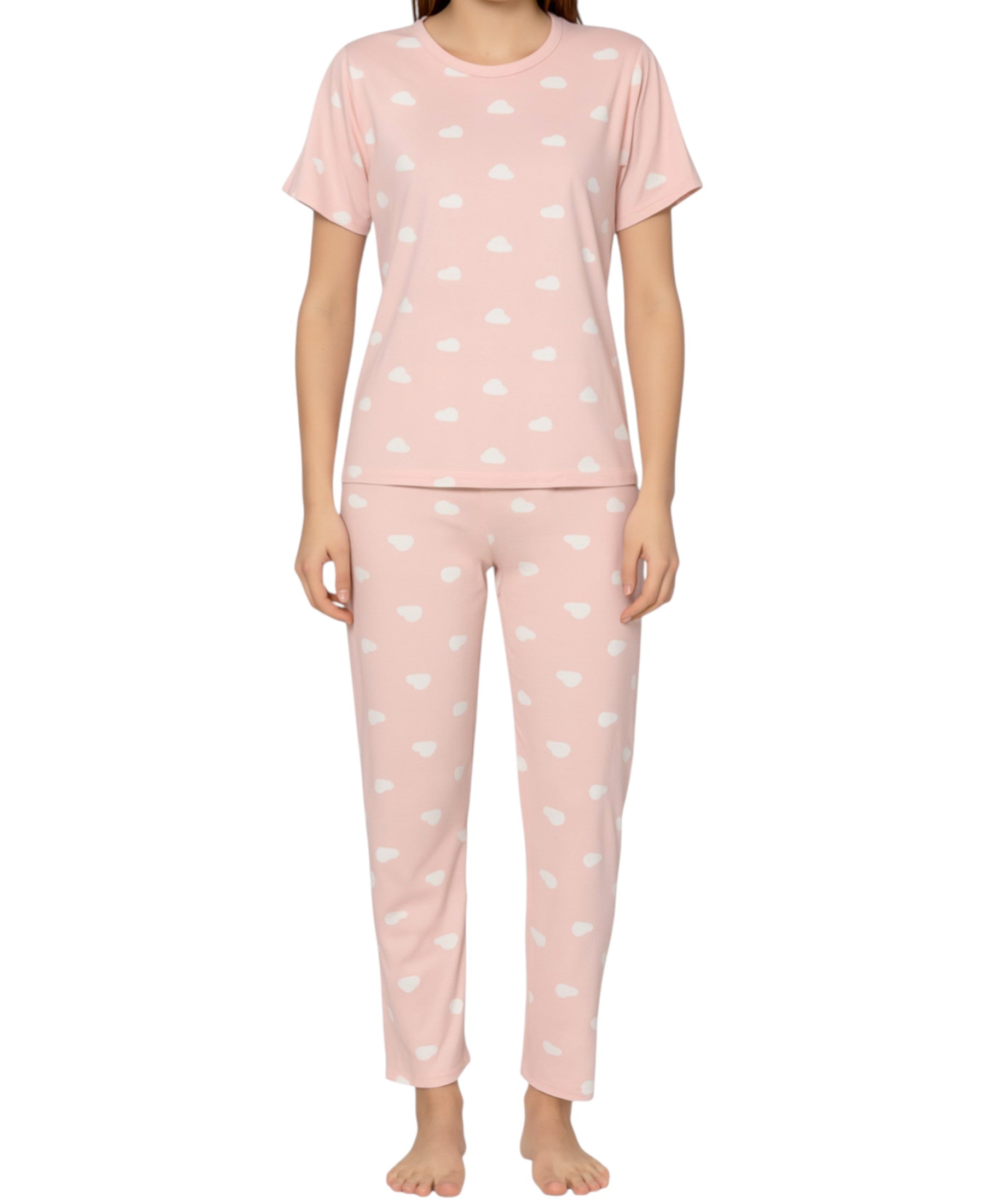 Pyjama Damen Zweiteiler mit Herzmuster – Kurzarmshirt & lange Hose, 3 Varianten