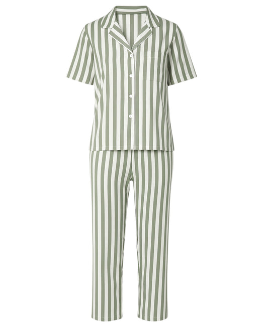 Schlafanzug Damen Pyjama Set – Hausanzug kurzarm mit Knopfleiste & Streifen