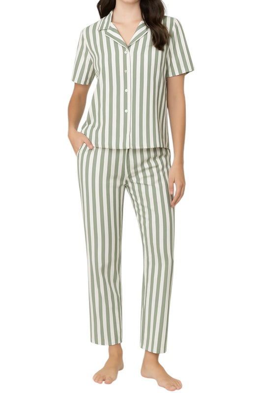 Schlafanzug Damen Pyjama Set – Hausanzug kurzarm mit Knopfleiste & Streifen