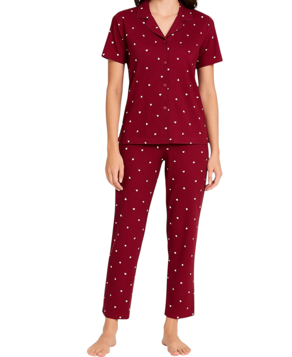 Pyjama Damen Hausanzug Langarm-Schlafanzug Bordeauxrot mit Herz-Design