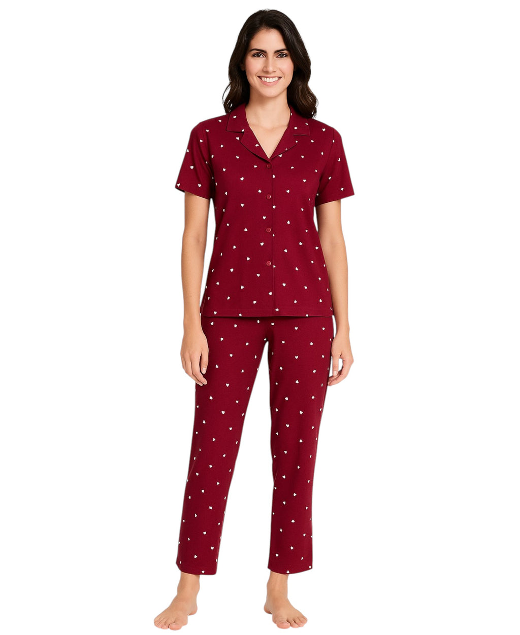 Pyjama Damen Hausanzug Langarm-Schlafanzug Bordeauxrot mit Herz-Design