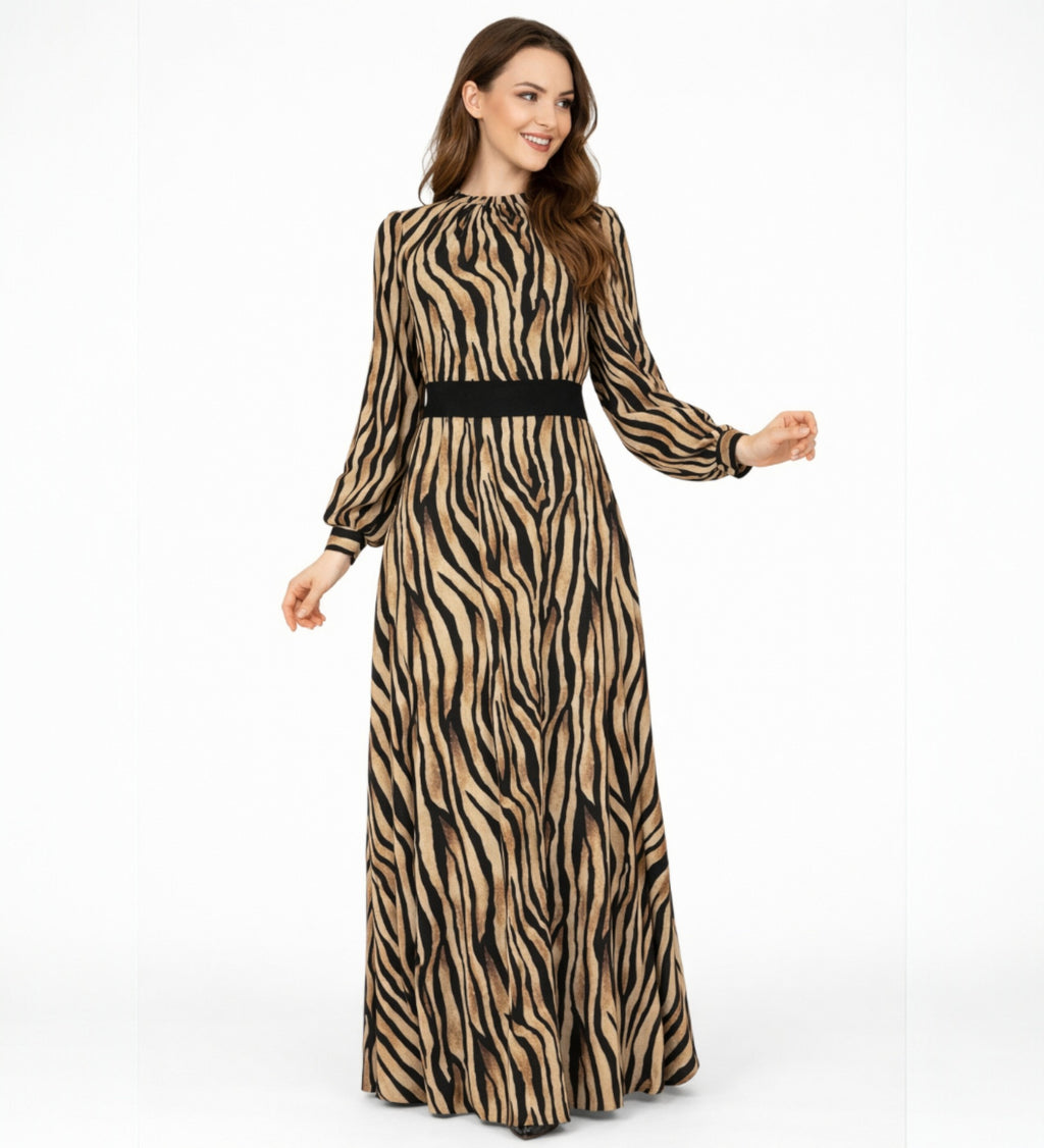 Chiffonkleid Damen Abendkleid im Zebramuster Langärmlig – Modest Fashion