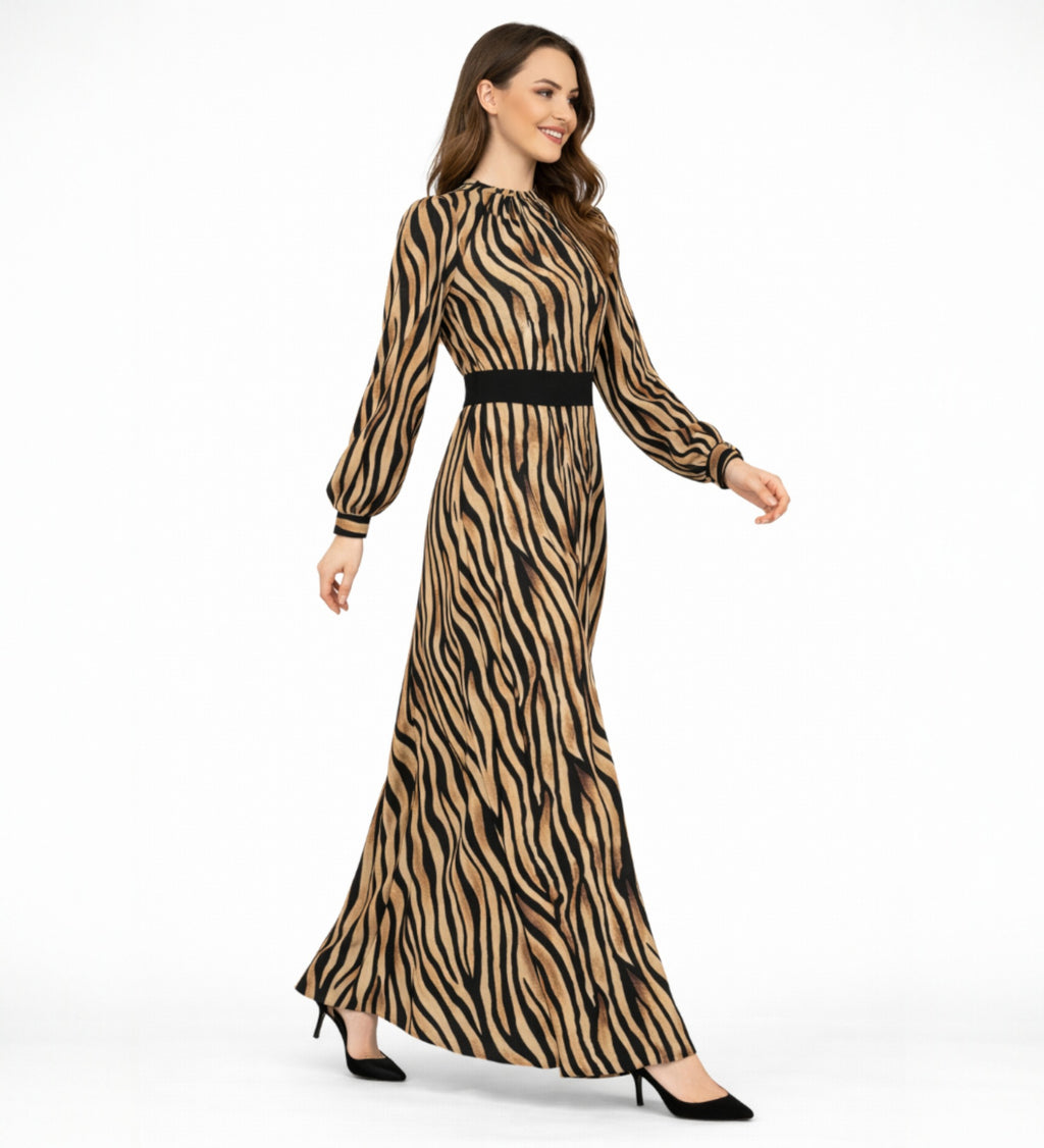 Chiffonkleid Damen Abendkleid im Zebramuster Langärmlig – Modest Fashion