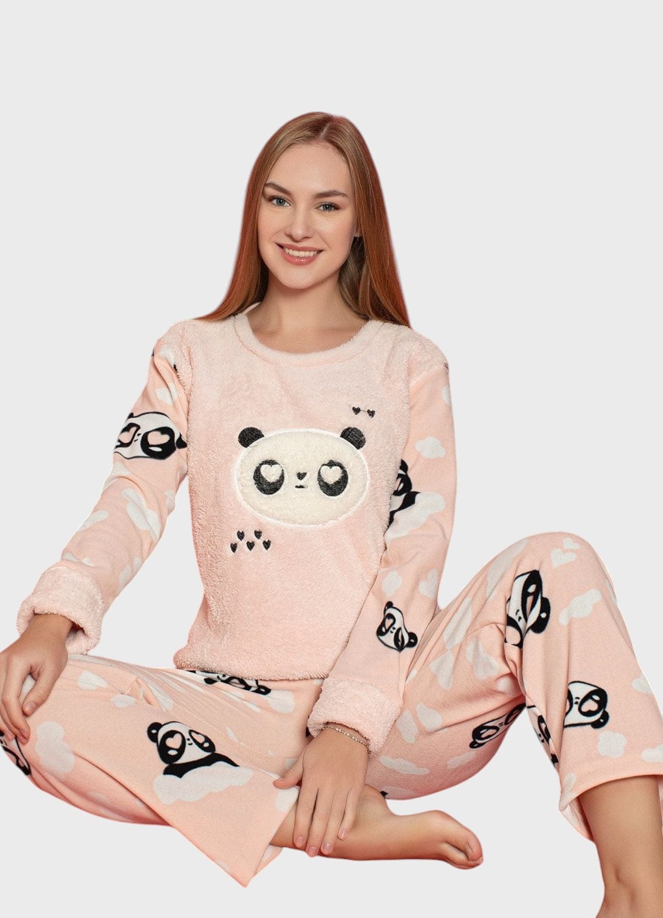 Pyjama Damen Schlafanzug Plüsch-Fleece Stoff, Welsoft, Bärchen-Muster