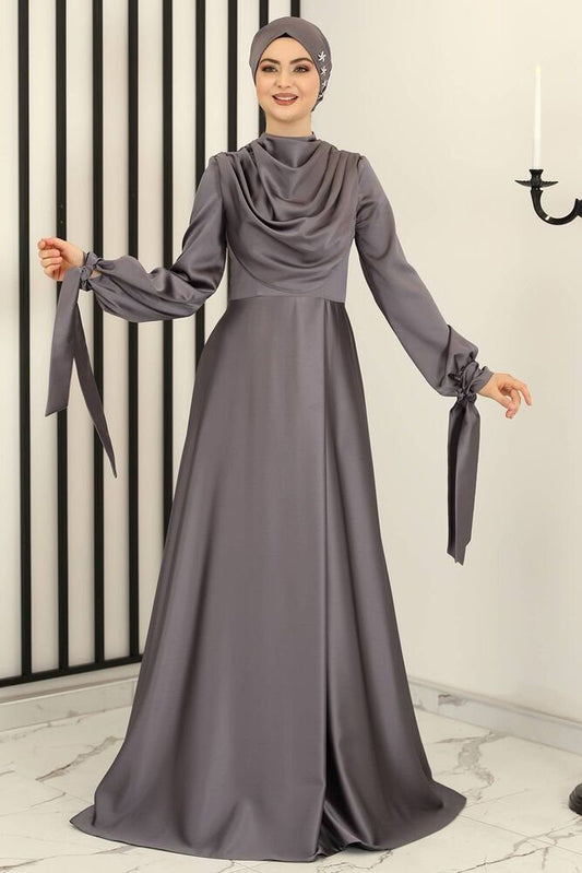Abendkleid Elegantes Damen Kleid aus Satin - Langärmliges Maxikleid