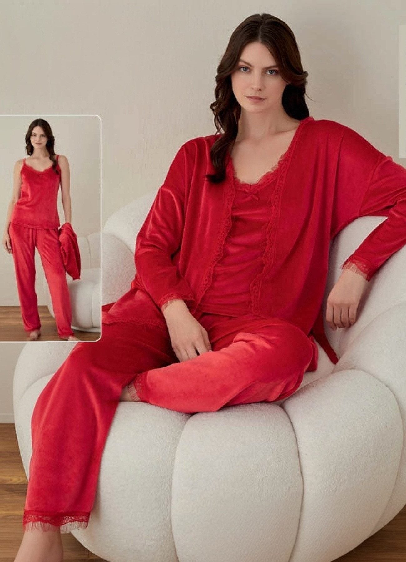 Hausanzug 3 teiliger Pyjama Schlafanzug mit Morgenmantel 100% Samt