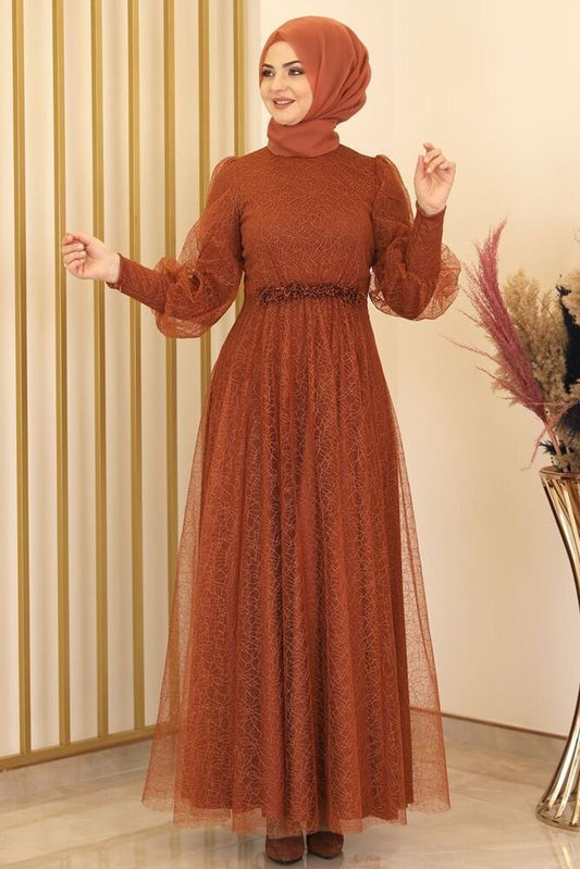 Abendkleid silbriges Tüllkleid Abiye Abaya Hijab Kleid Maxikleid (SIMLI GAMZE)