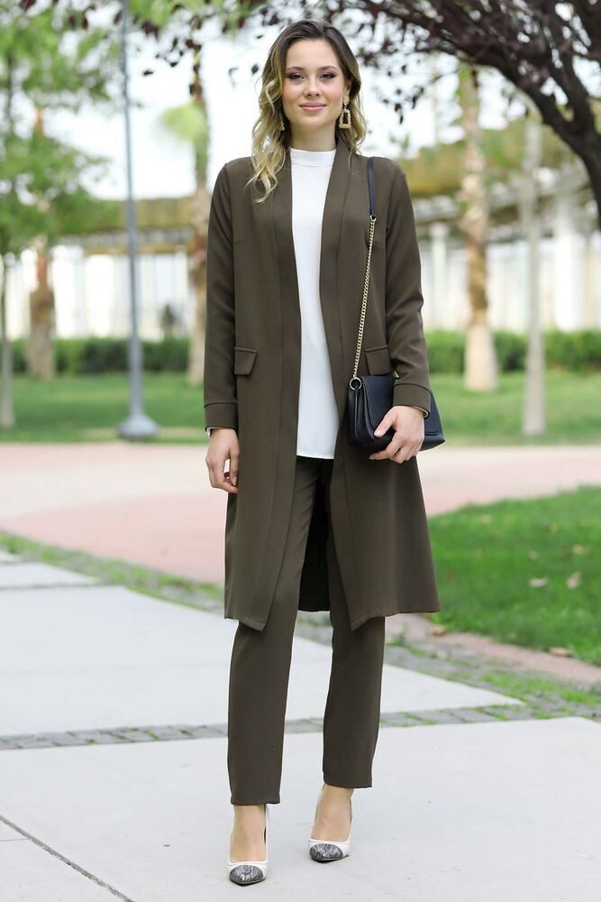 Hosenanzug Zweiteiler Damen Anzug Langarm Longblazer mit Hose Modest Fashion