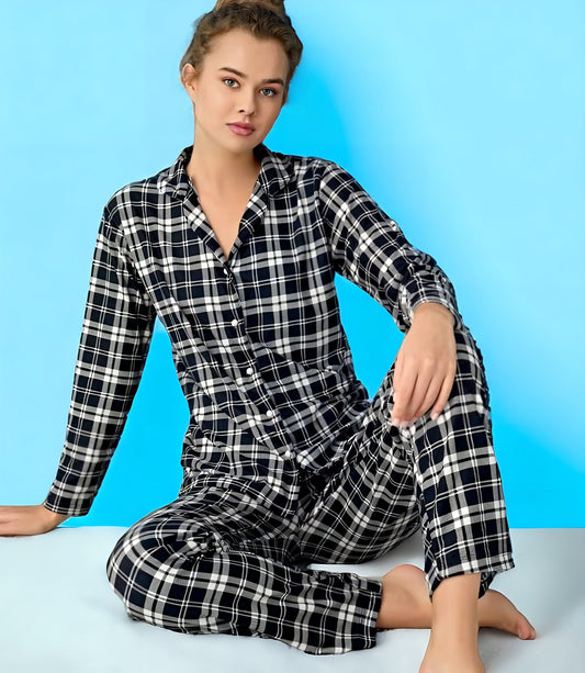 Schlafanzug Pyjama Set Langärmliger Damen Schlafanzug - Nachtmode Hose Kragenhemd