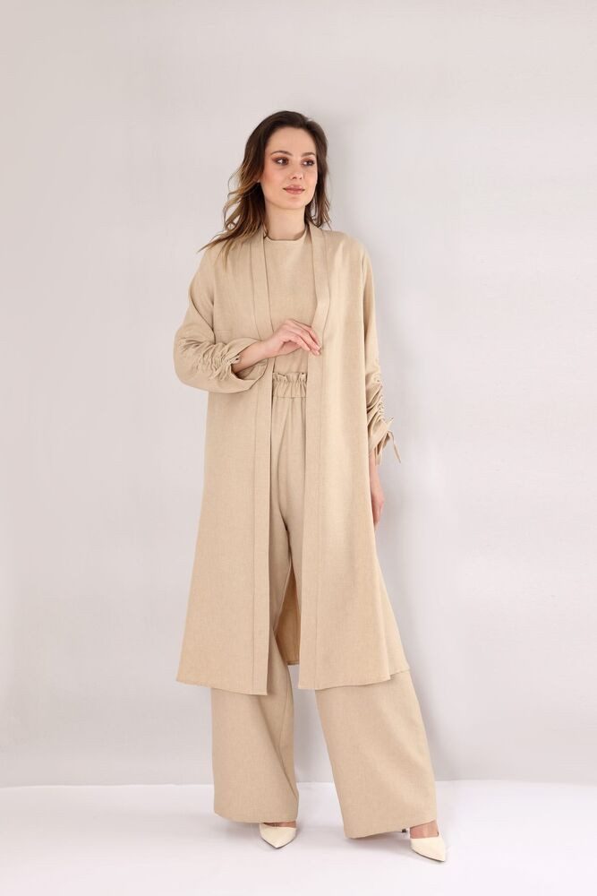 Blusenkimono Damen Oversize-Kimono in Leinenoptik - Ärmel mit Tunnel-Detail