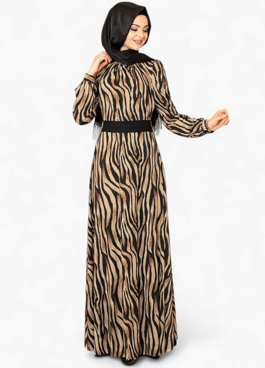 Chiffonkleid Damen Abendkleid im Zebramuster Langärmlig – Modest Fashion