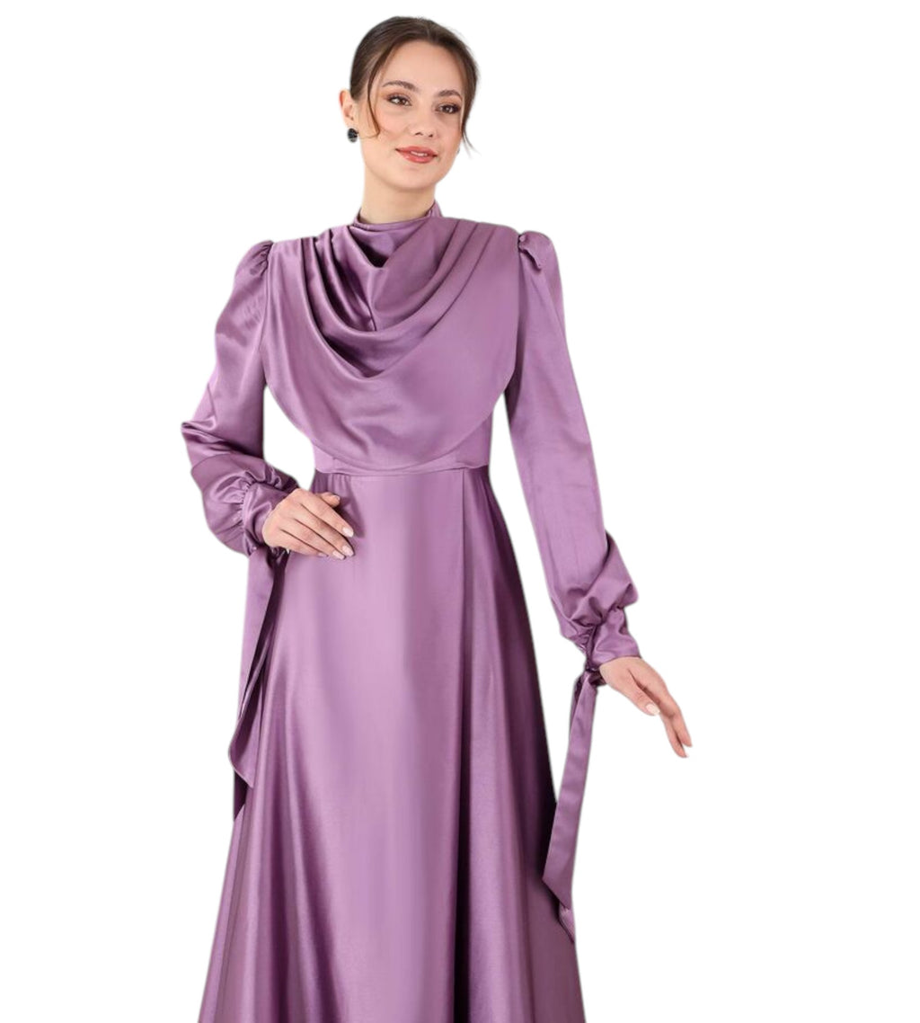 Abendkleid Elegantes Damen Kleid aus Satin - Langärmliges Maxikleid