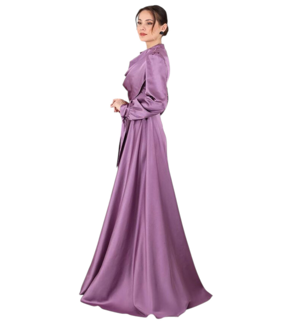 Abendkleid Elegantes Damen Kleid aus Satin - Langärmliges Maxikleid
