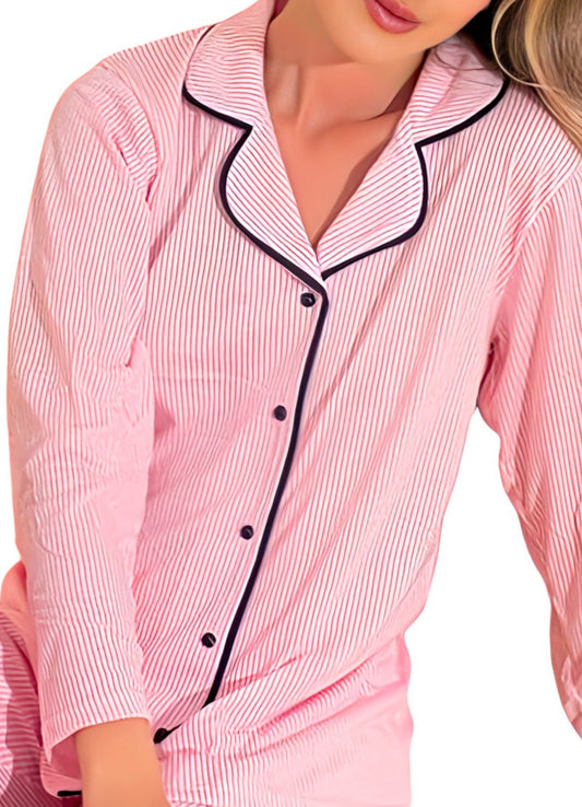 Schlafanzug Damen Pyjama Set Zweiteilig, Rosa-Weiß Baumwolle, Nachtwäsche