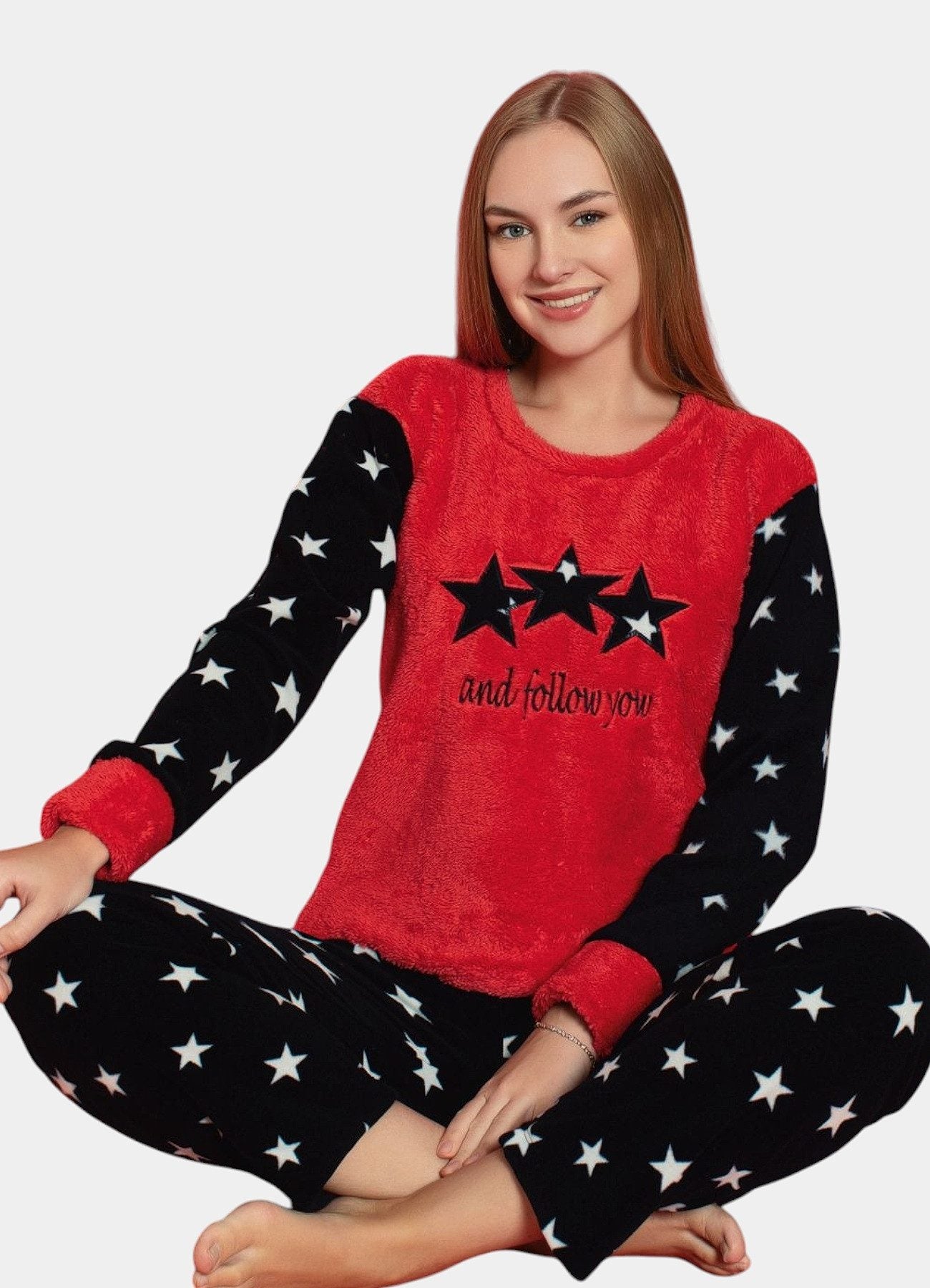 Pyjama Damen Schlafanzug Plüsch-Fleece Stoff, Welsoft, Bärchen-Muster