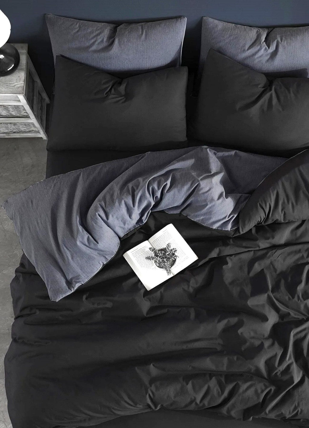 Bettwäsche Set 4-teilig Baumwolle mit Spannbettlacken - Bettbezug (200x220 cm) Einheitsgröße anthrazit/schwarz