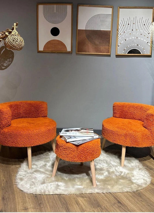 Loungeset 3-teiliges Plüsch Set 2 Plüschsessel & 1 Hocker mit Holzbeinen