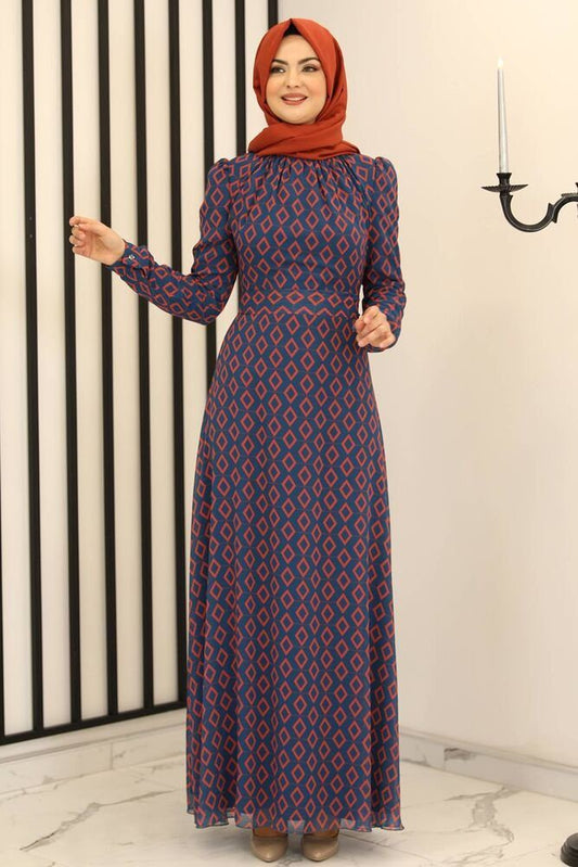 Chiffonkleid Damen Kleid Abendkleid mit Rautenmuster Abiye Hijab Mode (BAKLAVA)
