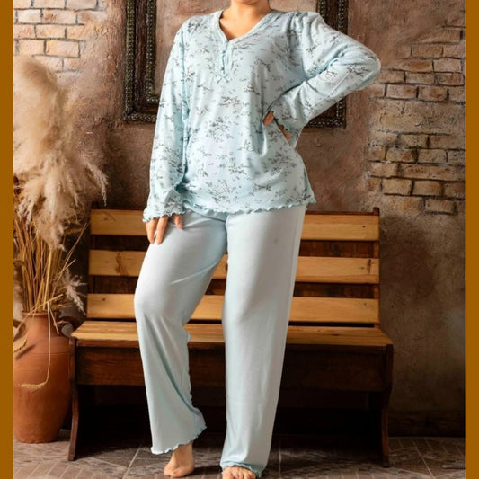 Pyjama Plus Size Schlafanzug - Nachtbluse & Hose langärmlig