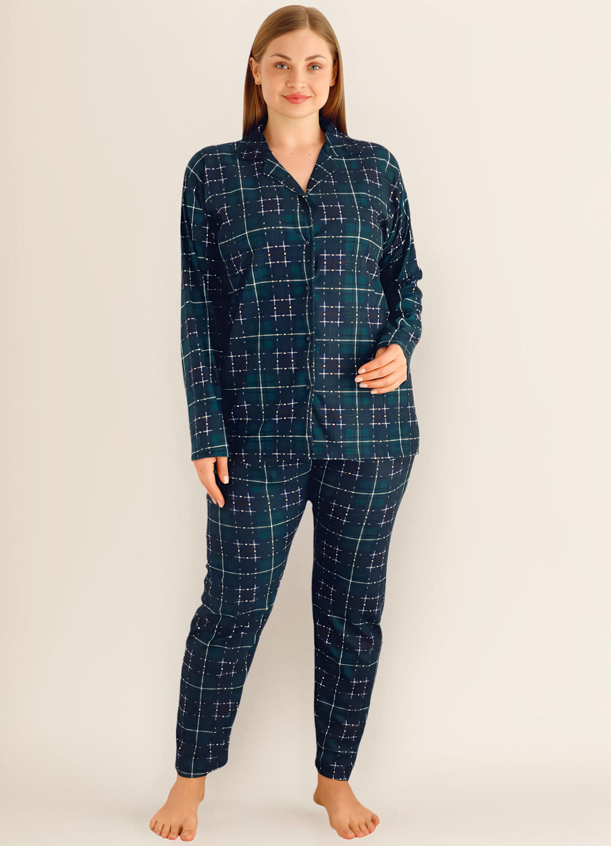 Pyjama Damen Plus Size Schlafanzug 100% Baumwolle mit Karomuster
