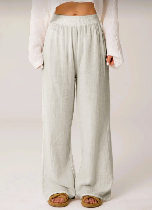 Palazzohose Damen Sommerhose aus Musselin 100% Baumwolle Elastischer Bund