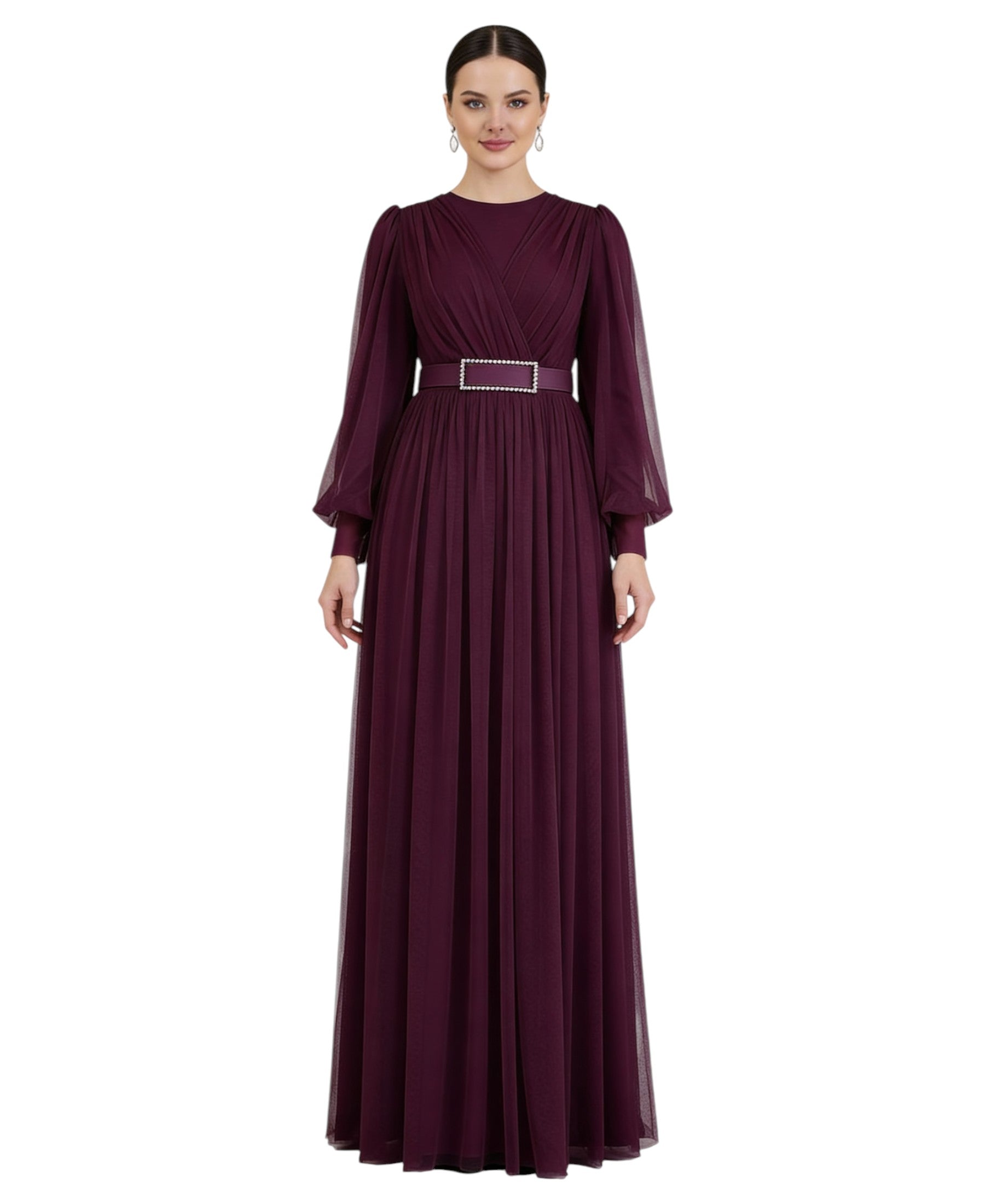Abendkleid Damen Maxikleid langarm Tüllkleid elegant mit Gürtel Modest Fashion