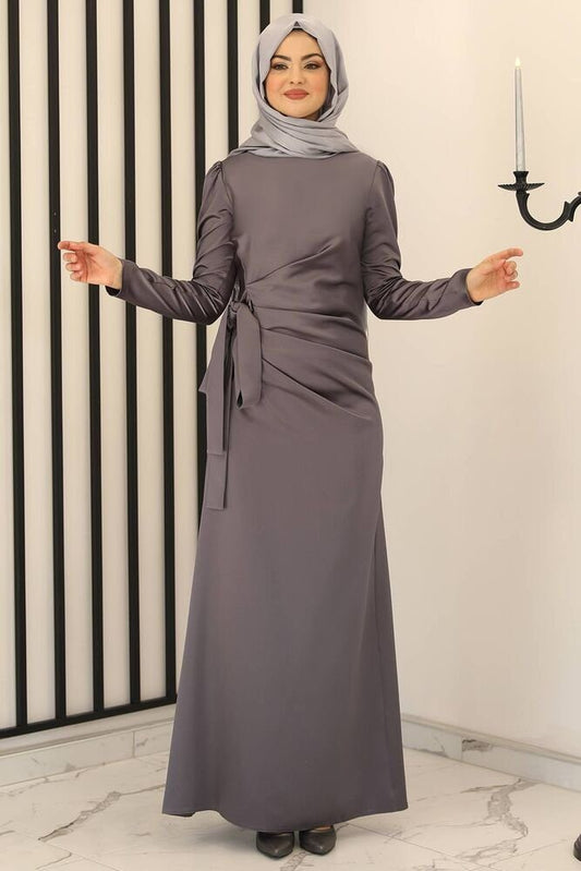 Satinkleid Damen Hijab Abendkleid langärmliges Maxikleid Abiye Abaya (HÜLYA)