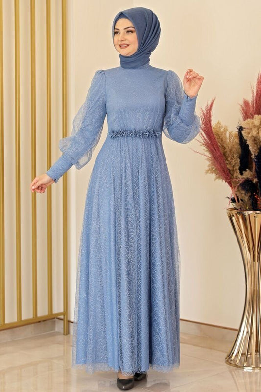 Abendkleid silbriges Tüllkleid Abiye Abaya Hijab Kleid Maxikleid (SIMLI GAMZE)