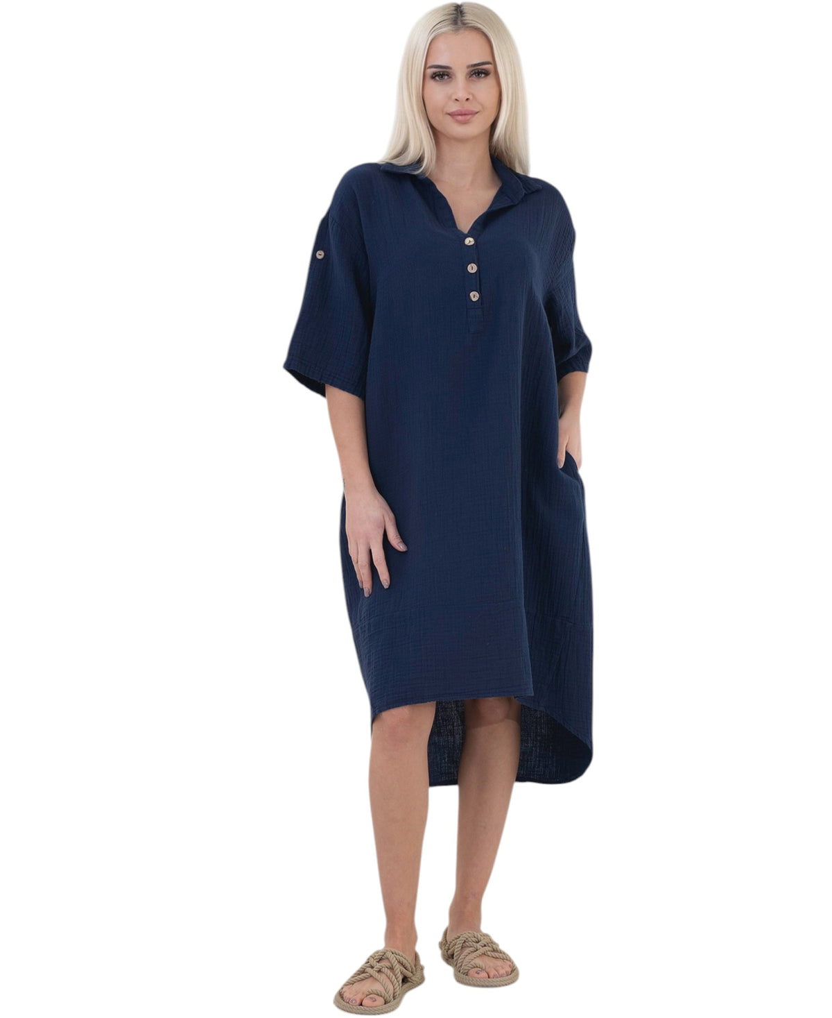 Blusenkleid – Musselin, Rückenausschnitt, 100 % Baumwolle, Einheitsgröße 34–46