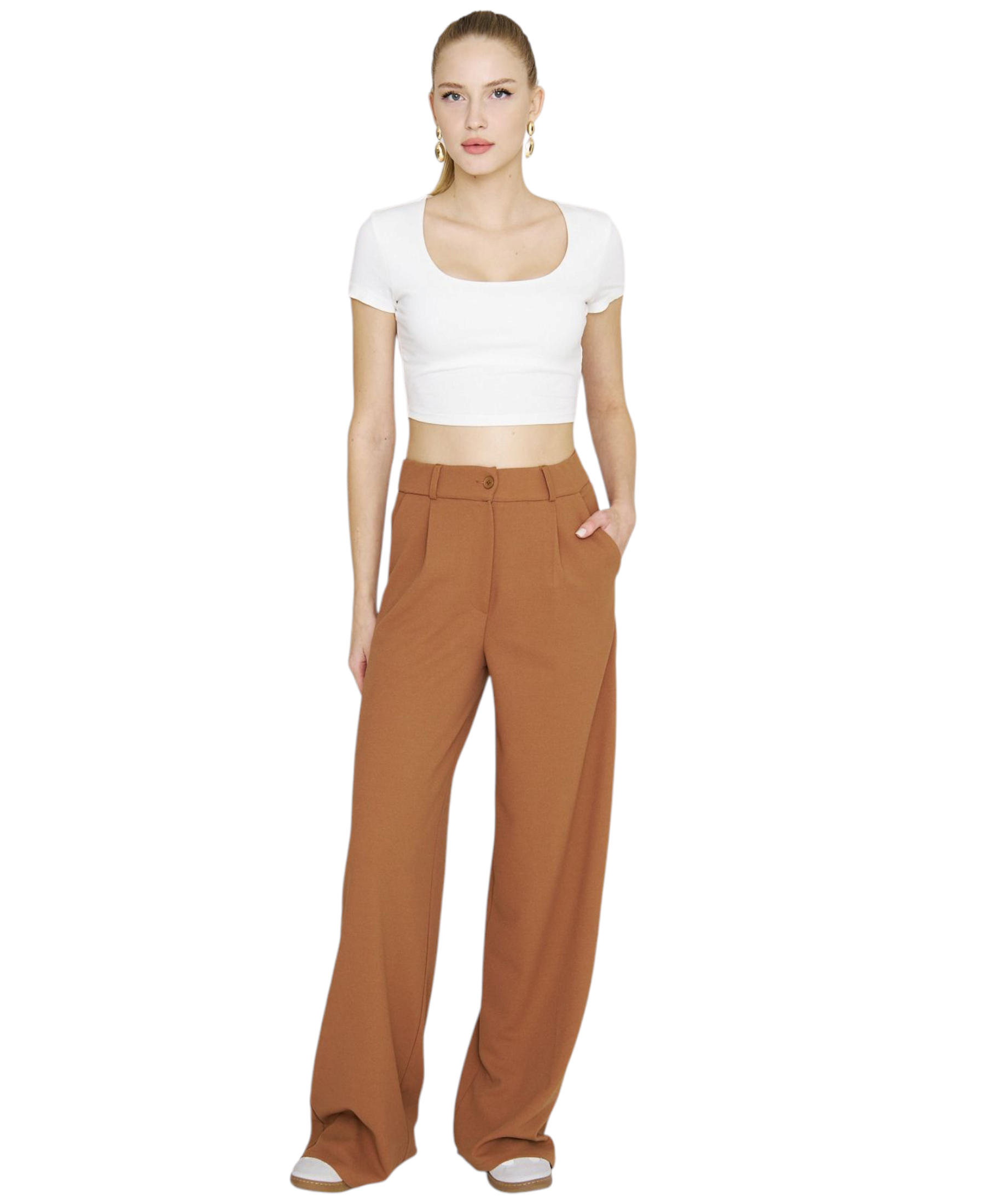 Palazzohose Damen-Marlenehose mit elastischem, hohem Bund