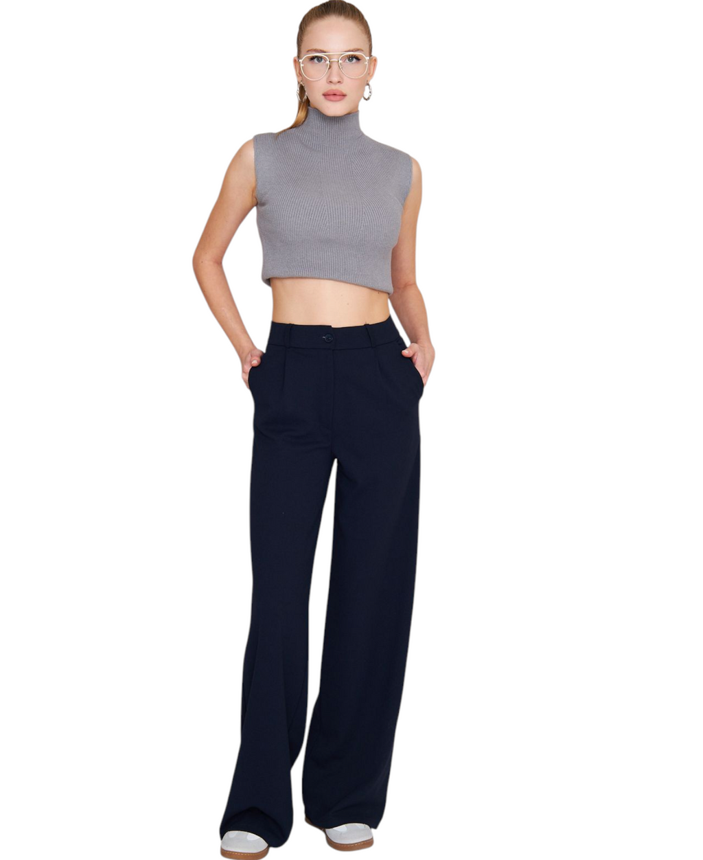 Palazzohose Damen-Marlenehose mit elastischem, hohem Bund