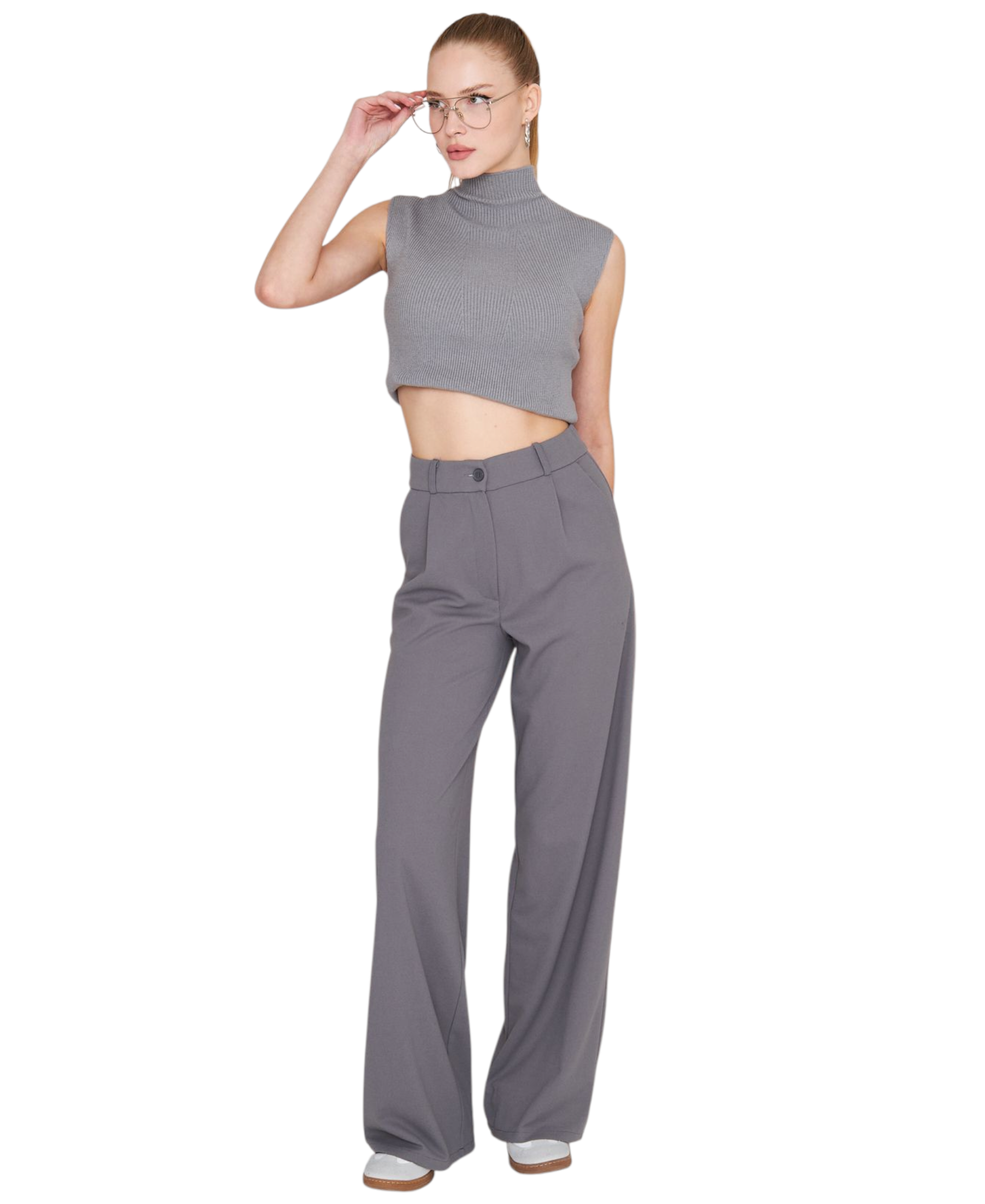 Palazzohose Damen-Marlenehose mit elastischem, hohem Bund