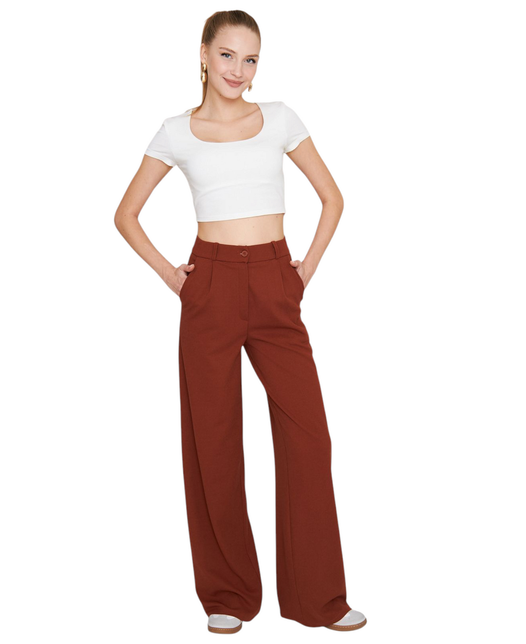 Palazzohose Damen-Marlenehose mit elastischem, hohem Bund