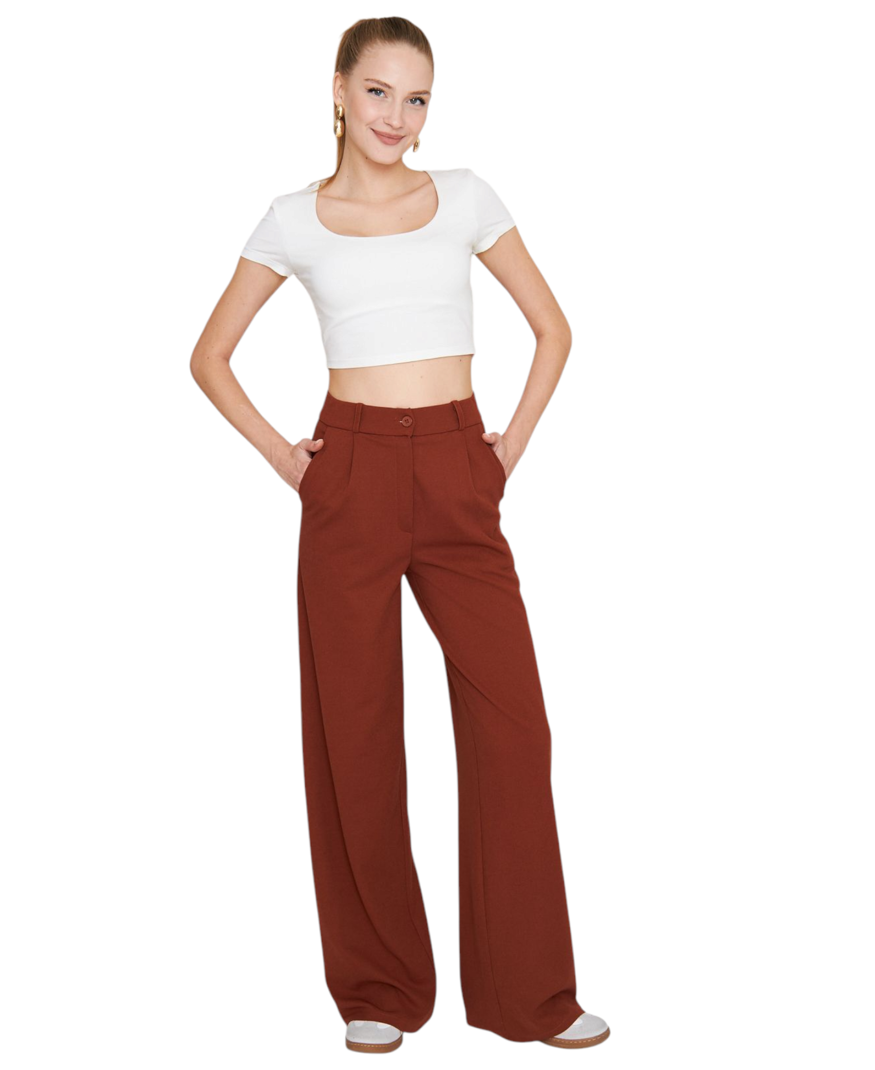 Palazzohose Damen-Marlenehose mit elastischem, hohem Bund