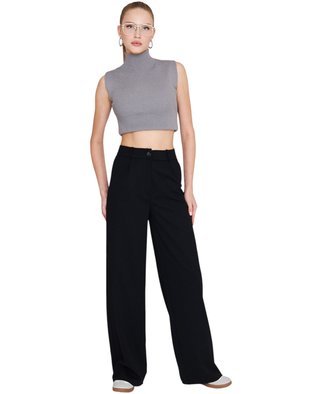 Palazzohose Damen-Marlenehose mit elastischem, hohem Bund