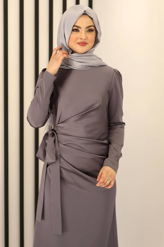 Satinkleid Damen Hijab Abendkleid langärmliges Maxikleid Abiye Abaya (HÜLYA)