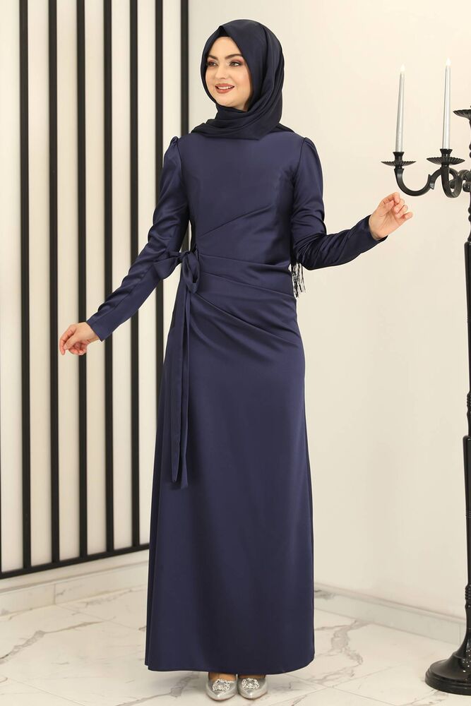 Satinkleid Damen Hijab Abendkleid langärmliges Maxikleid Abiye Abaya (HÜLYA)