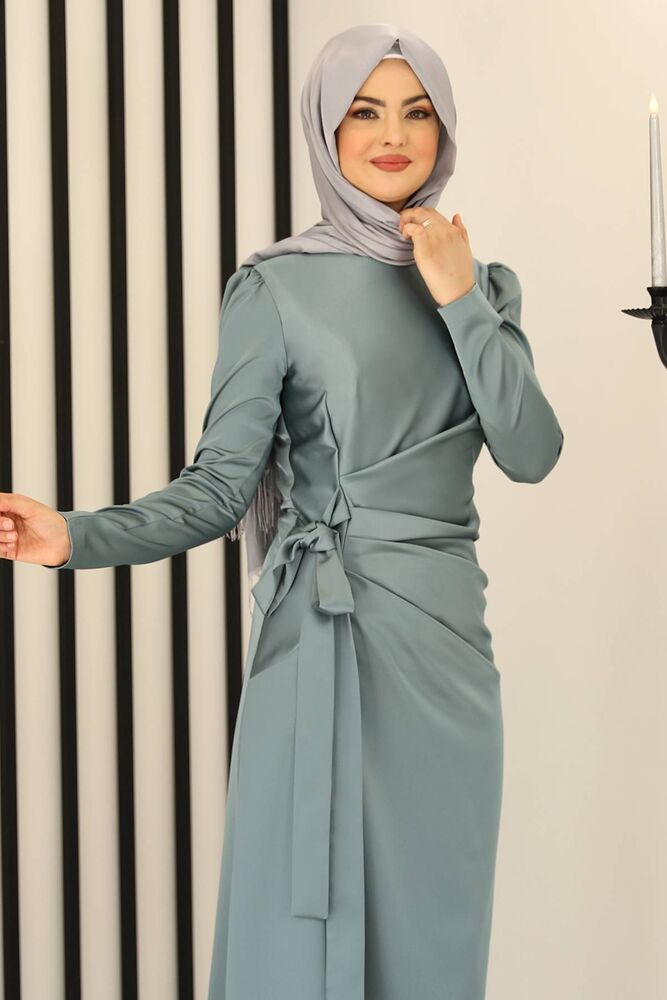 Satinkleid Damen Hijab Abendkleid langärmliges Maxikleid Abiye Abaya (HÜLYA)