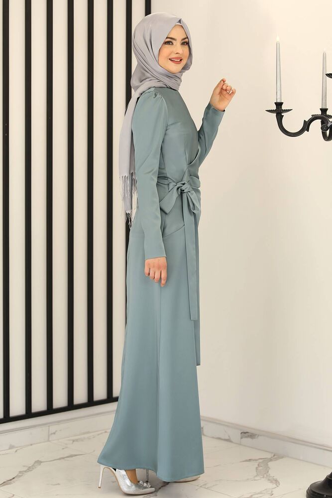 Satinkleid Damen Hijab Abendkleid langärmliges Maxikleid Abiye Abaya (HÜLYA)