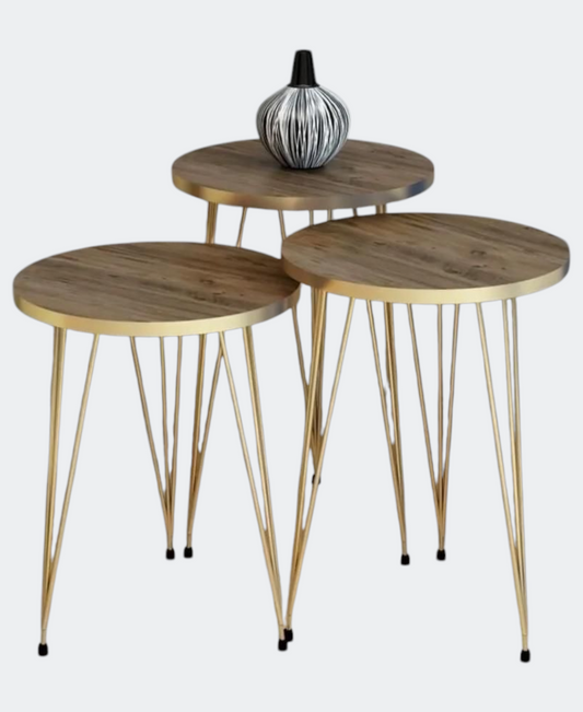 Beistelltisch 3er Set Runder Wohnzimmertisch mit Marmor-Optik & Gold-Gestell