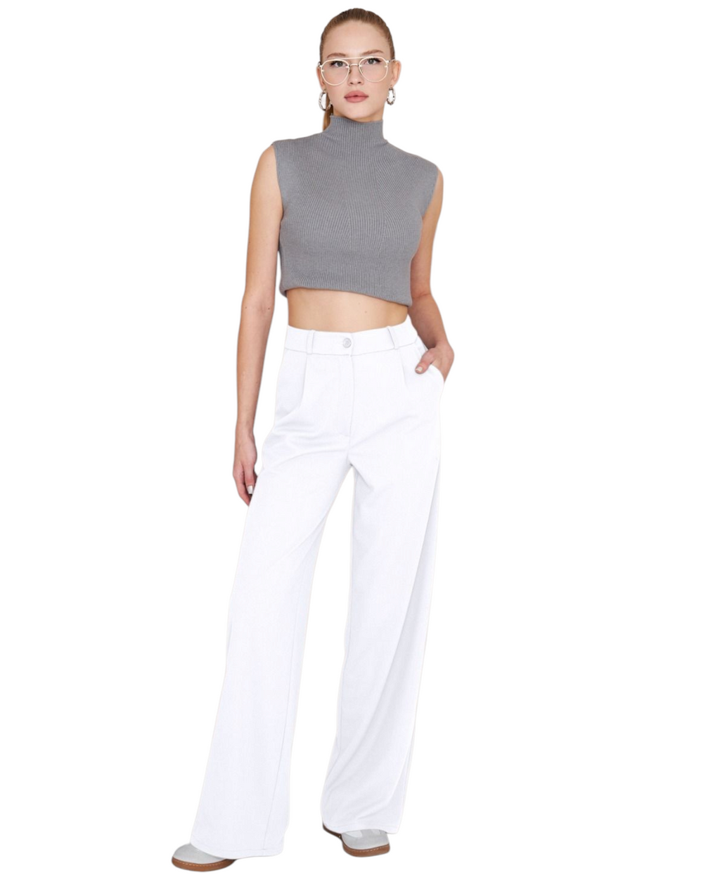 Palazzohose Damen-Marlenehose mit elastischem, hohem Bund