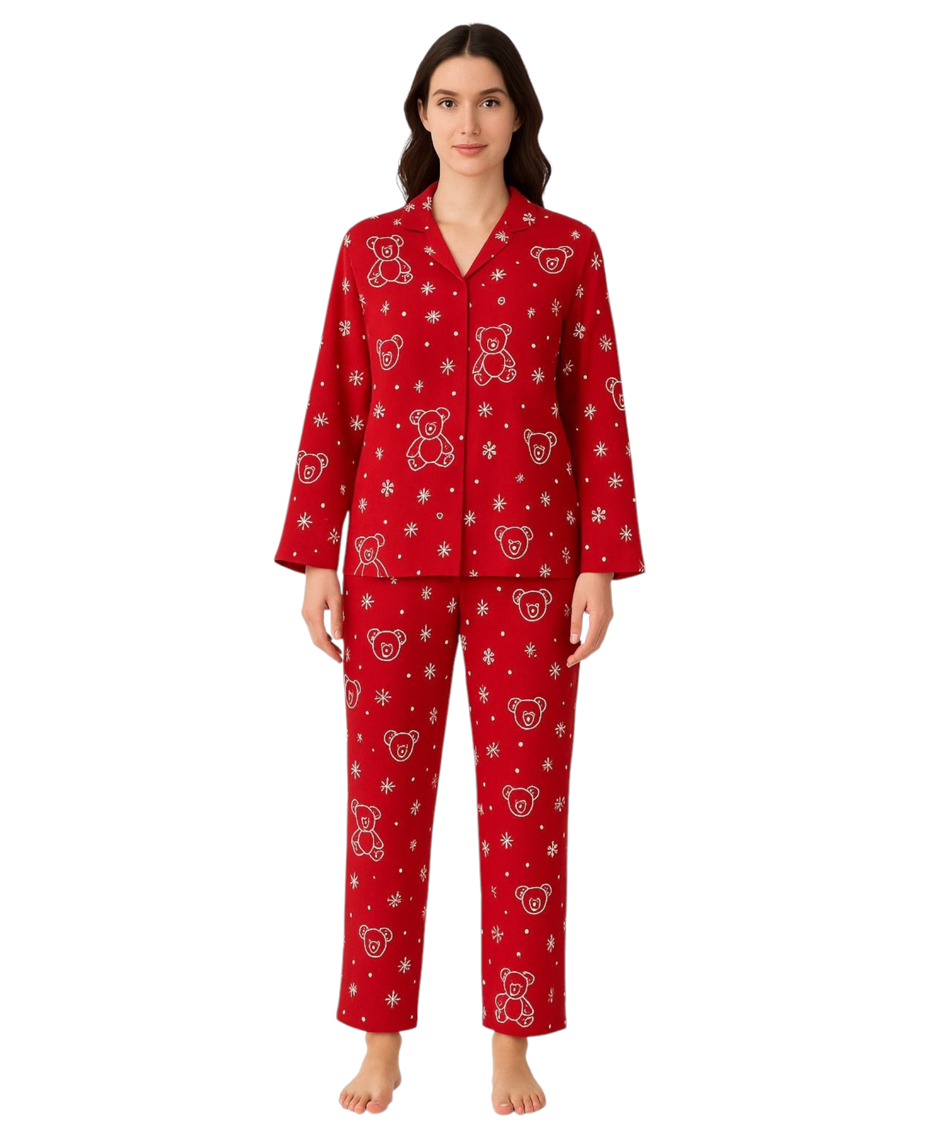 Pyjama Damen Schlafanzug Set – Langarm mit Teddybär-Design, warm & gemütlich