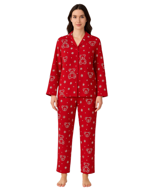 Pyjama Damen Schlafanzug Set – Langarm mit Teddybär-Design, warm & gemütlich