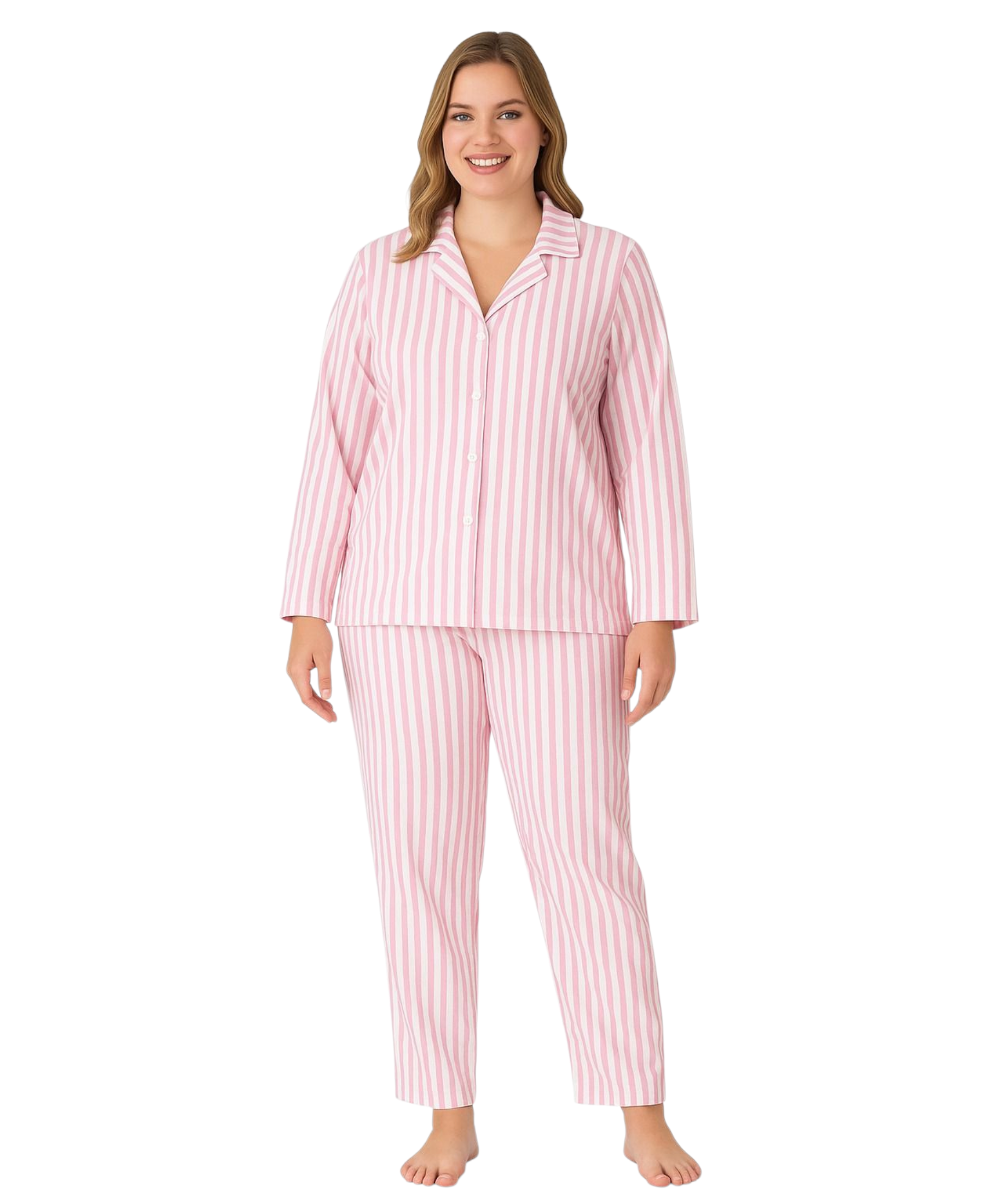 Pyjama Damen Langarm Schlafanzug mit Knopfleiste, Rosa-Weiß gestreift