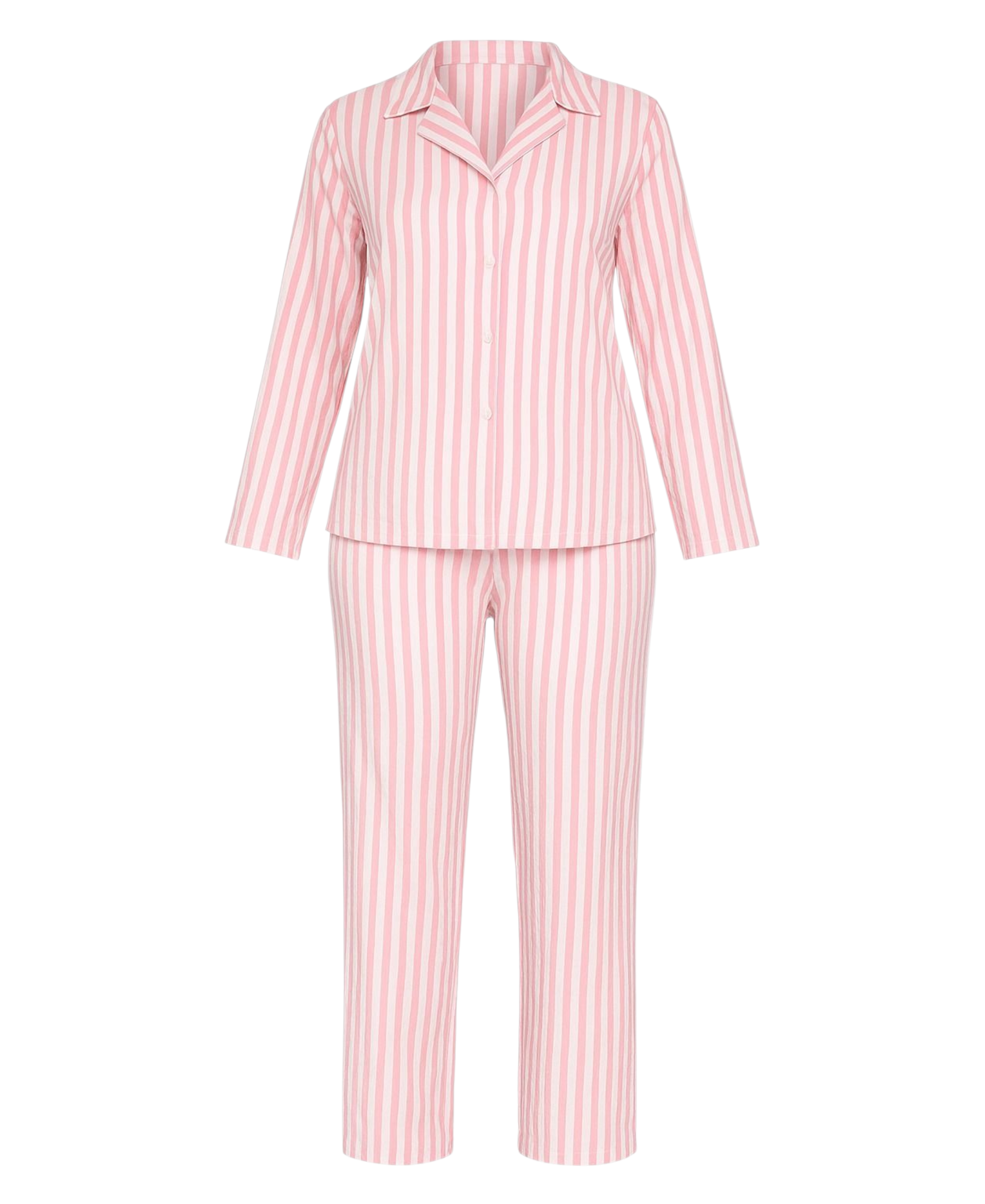 Pyjama Damen Langarm Schlafanzug mit Knopfleiste, Rosa-Weiß gestreift