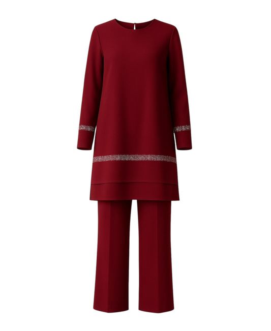 Hosenanzug Zweiteiler mit langer Tunika mit Glitzerborten - Modest Fashion