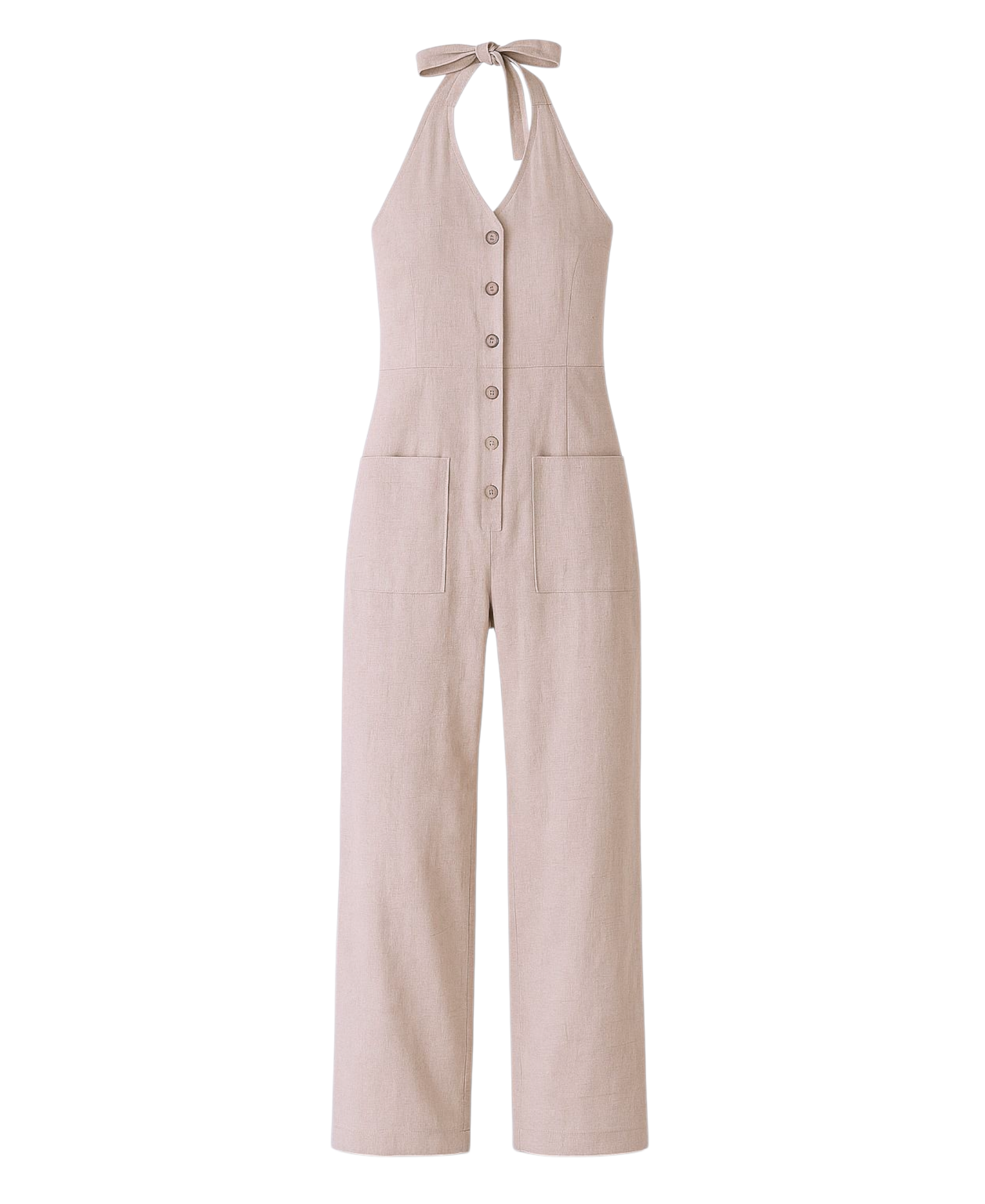 Overall Damen Jumpsuit Leinen-Viskose mit Knöpfen & Nackenbindung