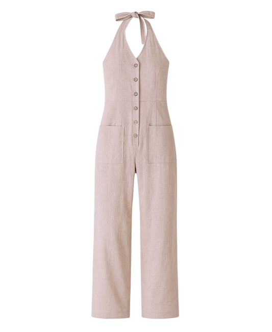 Overall Damen Jumpsuit Leinen-Viskose mit Knöpfen & Nackenbindung