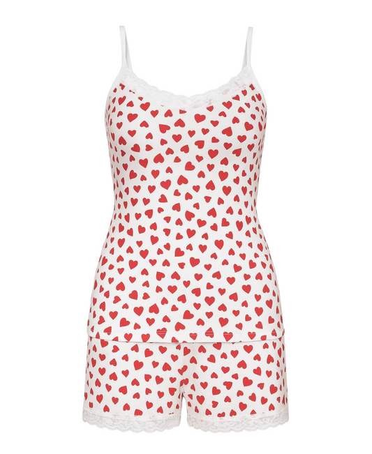 Pyjama Damen Hausanzug 2-teilig – Schlafanzug Set mit Shorts & Top, Herz-Design